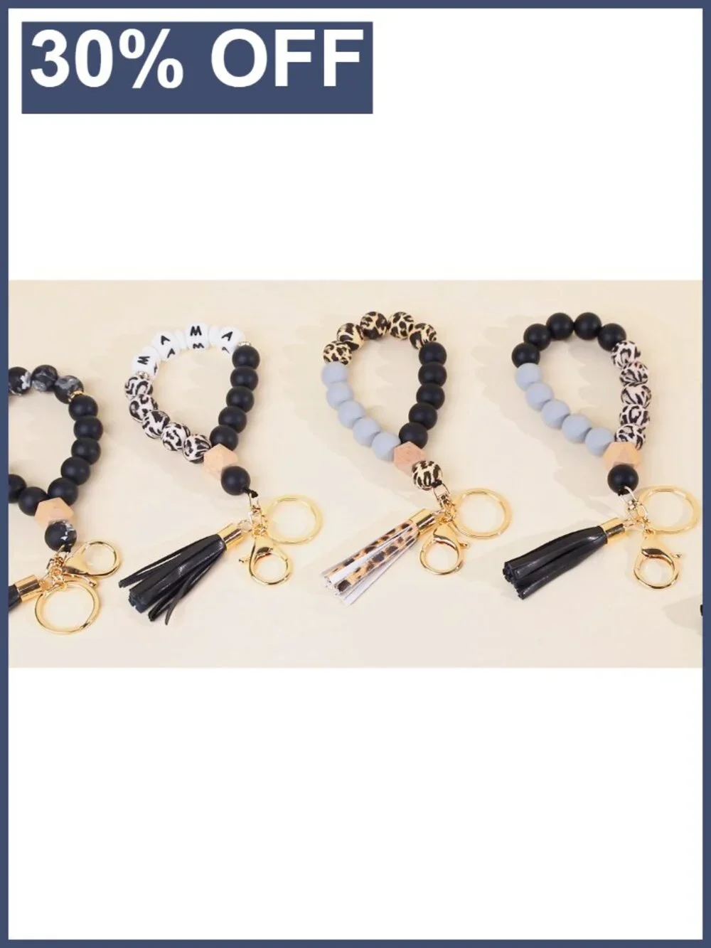 Silicone Beaded Key Ring Bracelet Wristlet Keychain with Leather Tassel